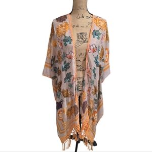 Woven Hearts Floral Gold Crocheted Fringe Kimono Plus Size‎ 1X New